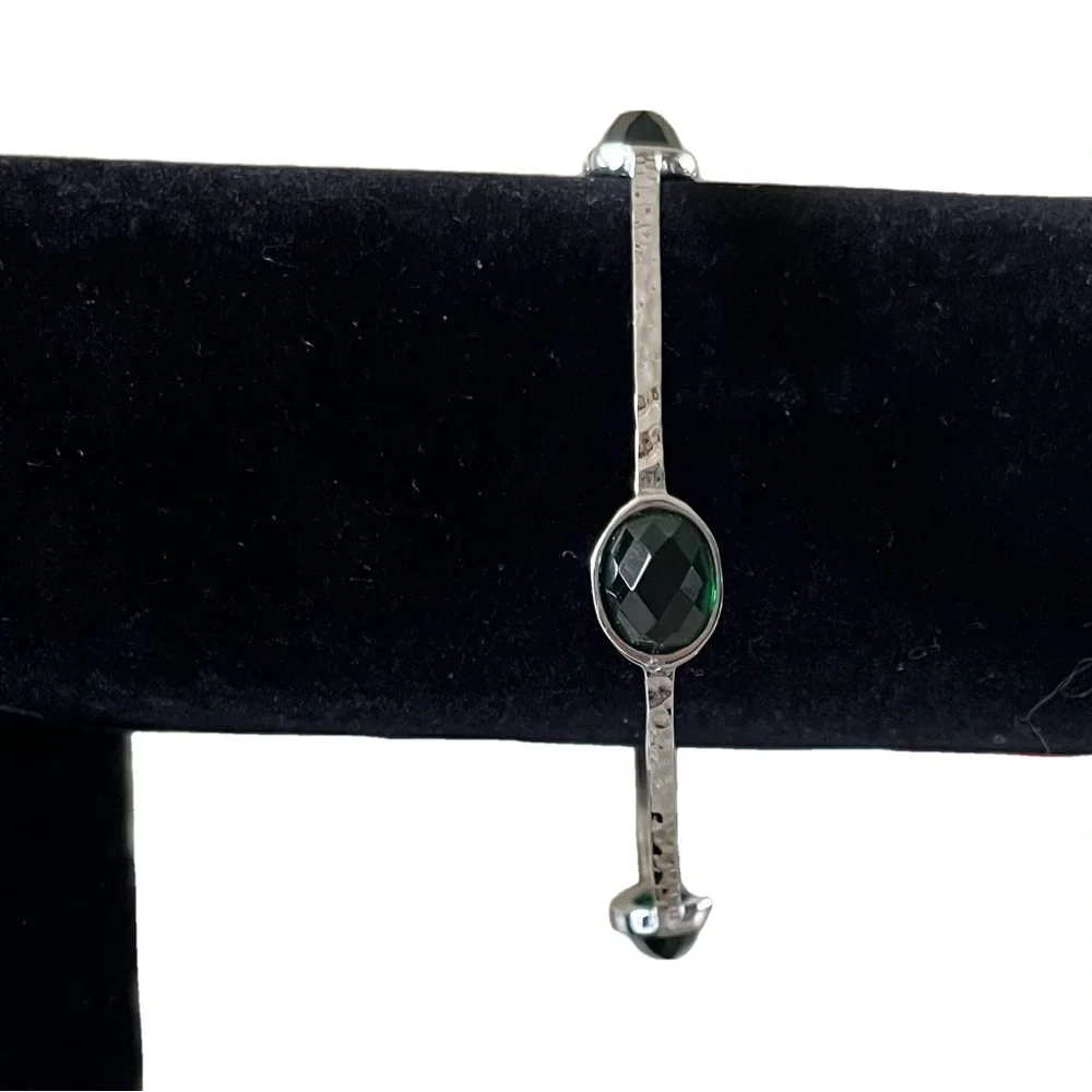 Silver Hammered Bangle Bracelet with Green Faceted Stones